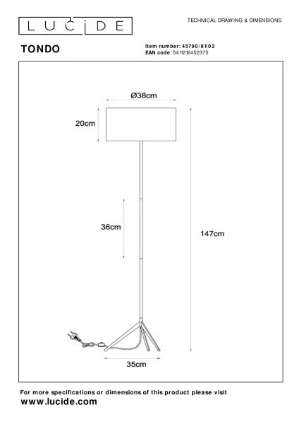 Lucide TONDO - Floor lamp - Ø 38 cm - 1xE27 - Matt Gold / Brass - technical